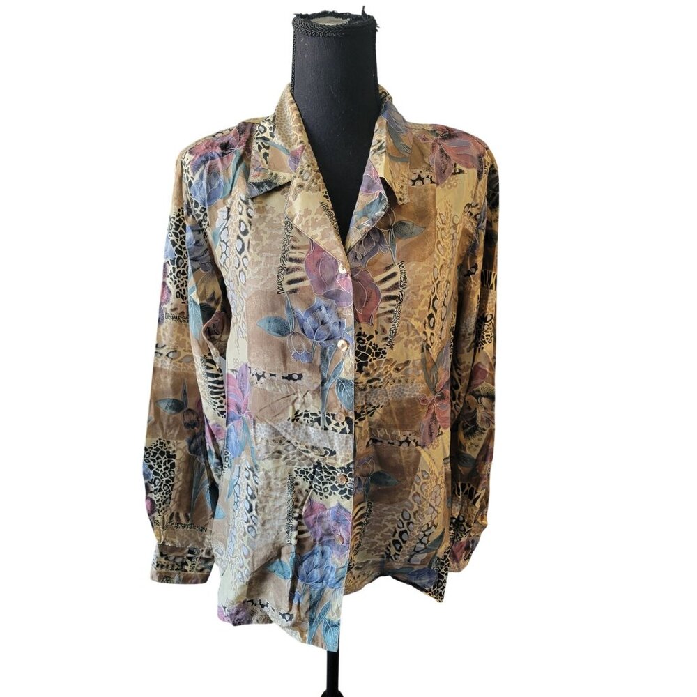 Dress Barn Vintage Colorful Collared Button Down Top 100% Silk Size M Timeless - Picture 2 of 12